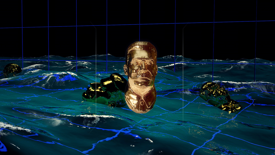 A single gold bust of Joseph Stalin is suspended in a flooded dark room. The walls and floor behind it are decorated with a repeating neon blue grid pattern. Three more gold busts are submerged and the water's turbulent waves distort the bottom half.