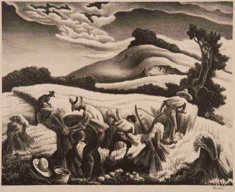 Four people are laboring in the foreground of a large wheat field, all facing away from the viewer. A small area of the field to their left has been harvested, though the majority of the vast landscape appears to be untouched. The drawing is greyscale and printed on warm-toned paper.