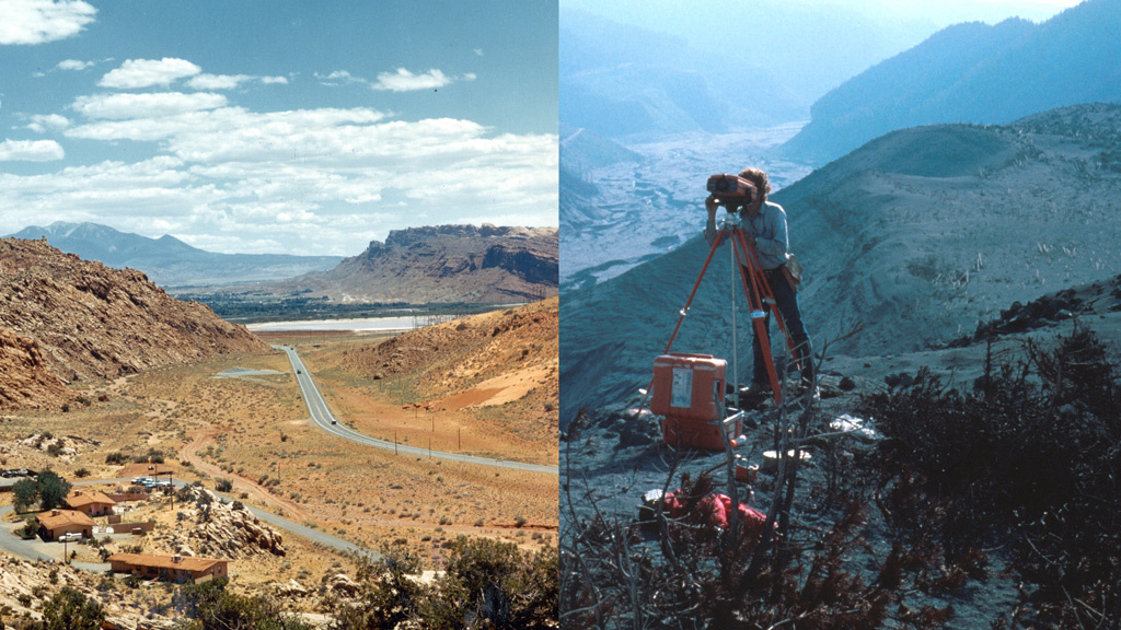 Two images share a split screen. On the left is a view from above of mountains with a few roads running through it with a few homes. On the right is a surveyor looking through a machine on a tripod. 