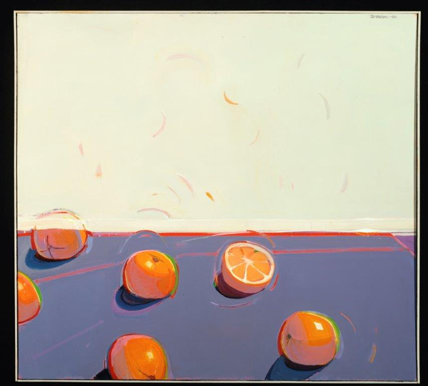 Five oranges sit on a grey flat surface which is outlined in red. There are curved lines around each orange, hinting that they are translucent in motion. The top-most orange sits on the border with the top half disappearing under a layer of ivory paint, leaving only the outlines.