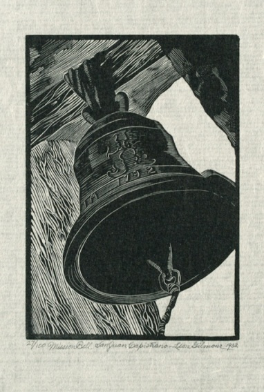 A black and white wooden engraving of a bell with a clapper is hanging by a rope from a wooden archway.