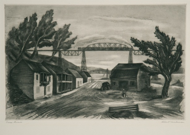 An etching of a landscape depicting a train with smoke coming out of its stack on train tracks with a bridge left to right. Houses are in the foreground with a path in the middle. Trees on either side blowing in the wind bot pointing toward each other.