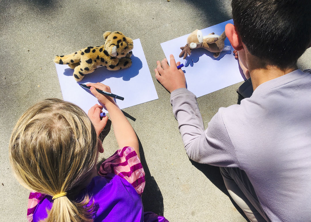  An aerial view of two children drawings shadows of plush animals outdoors. They are sitting or laying on concrete with pencils and paper. The shadows the animals cast are strong.