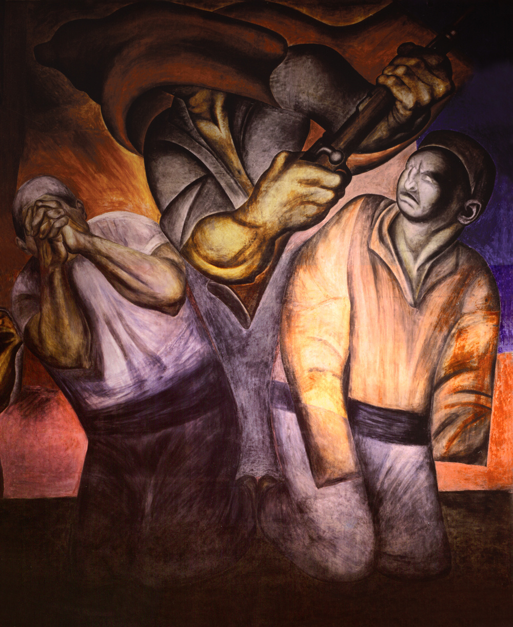 An abstract painting of 3 men. The man to the left is on his knees with his hands held together in front of his face. The man in the middle has his face covered in fabric and is holding a gun. The man to the right is on his knees looking annoyed.
