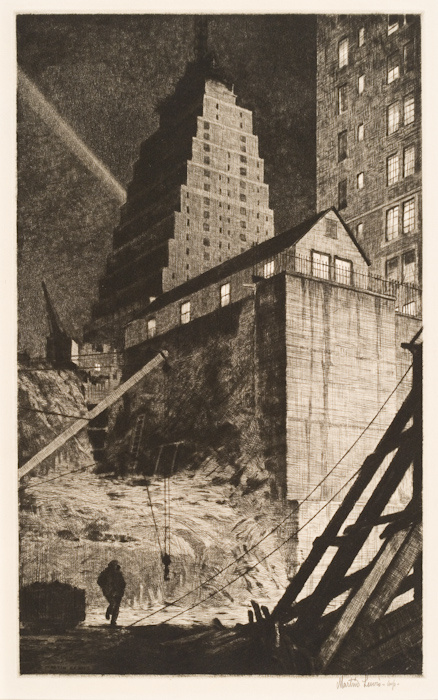 A black and white image of 3 buildings. One rectangular high rise, one pyramid-type building, one single story building with slanted roof. Foreground is reminiscent of a war zone. Rubble and crane parts are visible. A person walks in the foreground.