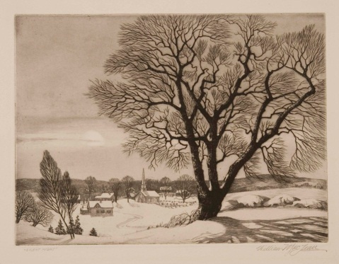 A brown and white snowy winter landscape drawing with a tree skeleton to the right with a village in the lower quarter with a church's steeple visible.