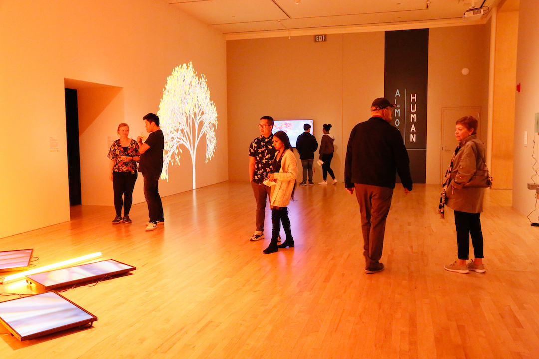 Visitors in a gallery looking at media art.