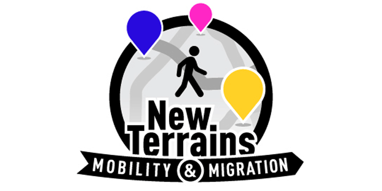 Logo for 'New Terrains: Mobility & Migration,' featuring a stylized figure walking on a simplified map with colorful location markers and bold black text.