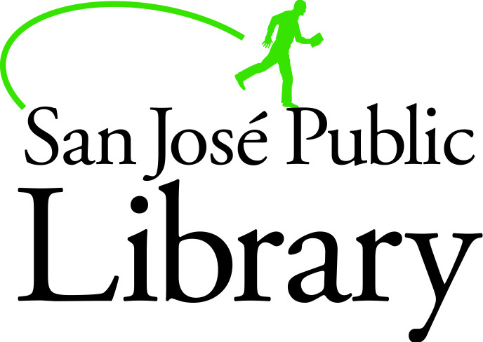 The San Jose Public Library logo which includes a figure depicted in green silhouette walking with a book in hand.
