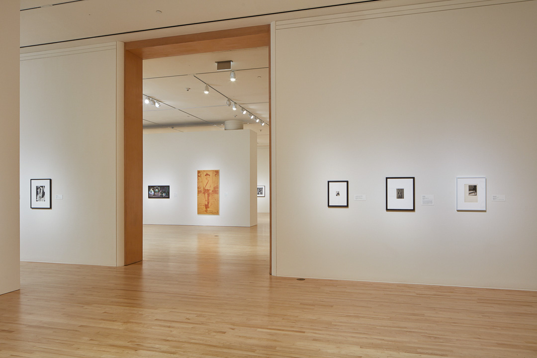 A large gallery with white walls. The opening between different rooms allows the viewer to see into other galleries through another wall opening. On the walls are various framed photographs, their contents too small to distinguish, set against gigantic walls, in big rooms.