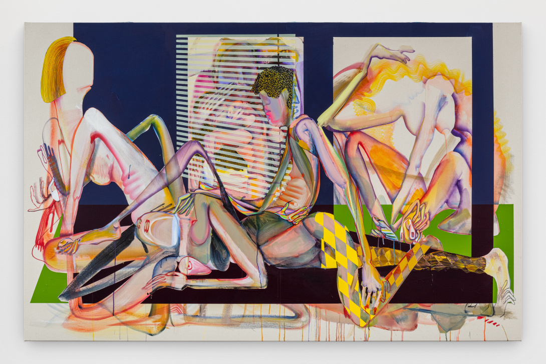 Four abstracted feminine figures, with brightly colored tones and patterns in a room with blinds covering a window.