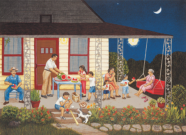 Evening gathering of adults and children on a porch, people eating watermelon. Bright porch lights provide contrast to the evening sky and illuminate plants with red and yellow flowers. A crescent moon is shown in the upper right and a small dog faces a child sitting on the porch steps.   