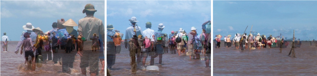 A still image of a distant group of people wearing different types of hats and carrying bags. It is sectioned into three in a chronological order from left to right. Images of humans overlap with transparent effect. They are walking on shallow muddy water.