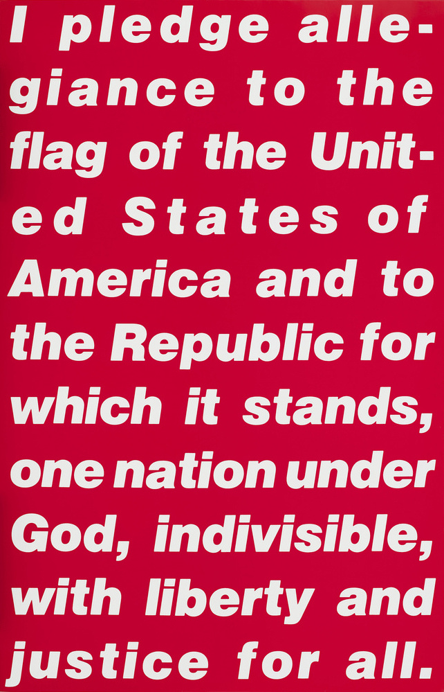An image displays the United States' Pledge of Allegiance. The text is white and the background is red. 