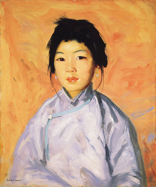 A portrait of a young Asian female with her hair pulled back. She is dressed in a light colored kimono against an orange-yellowish background. Wide brush strokes were used to paint this portrait.