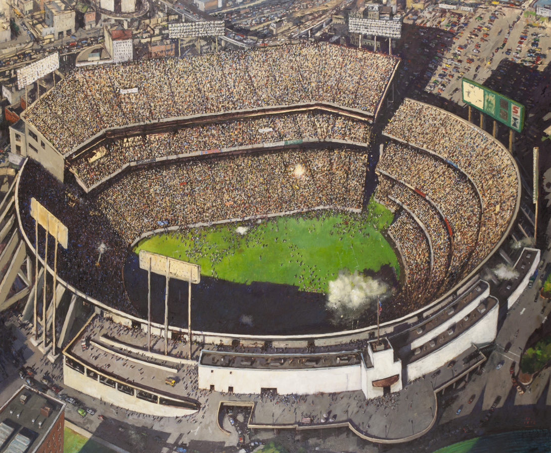 A painting of a circular open stadium. There are 6 large lights and a green scoreboard on the edge. At the center is a green field surrounded by 3–4 layers of spectator seating. Around the stadium are city streets and freeways packed with cars.
