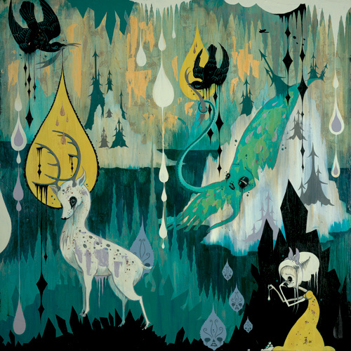 An arctic scene with dark and light green hues. A squid lays on top of an iceberg, looking in pain. A white stag deer has balck eyes. A young crowned female cries in the foreground. Birds fly holding up tear drops and droplets rain down in all colors and sizes.