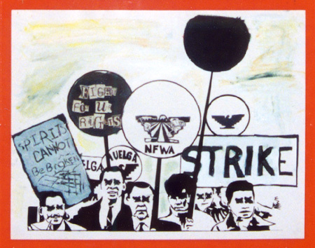 A black and white zine- looking image of socialist activists holding placards with signs that read" spirits cannot be broken," "NFWA" and "strike".