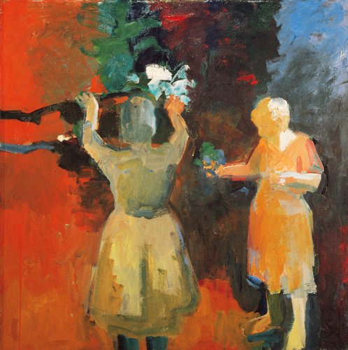 Two figures wearing dresses hold flowers. One figure's back is to the viewer, reaching up to a tree's branch in bloom. The people are without detail and general figures. The left side of the background is bright red transitions to a darker black grey.