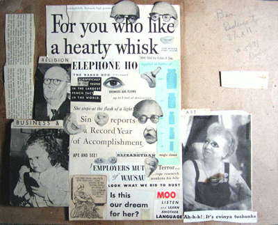 A collage of newspaper clippings with the headline “For you who like a hearty whisk”. Cut outs of facial parts are scattered around portraits—a business man, a child, and an older woman with eye glasses drawn around her eyes.