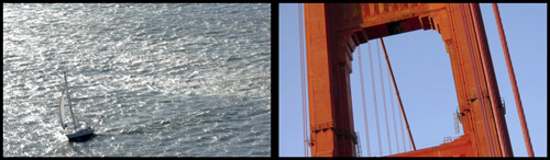 Two photos side by side. On the left is a sail boat in the water. To the right shows a section of the Golden Gate bridge—a rectangular opening framed with red-painted steel. A small section of steel cabling runs up and down in the background.