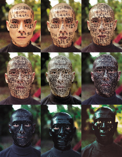 Nine photographs of the same person, 3 to a line in 3 columns.The top left face has some writing on it. As you move to the right and further down, each face has more and more writing until the last box's face is completely black, covered fully in ink.
