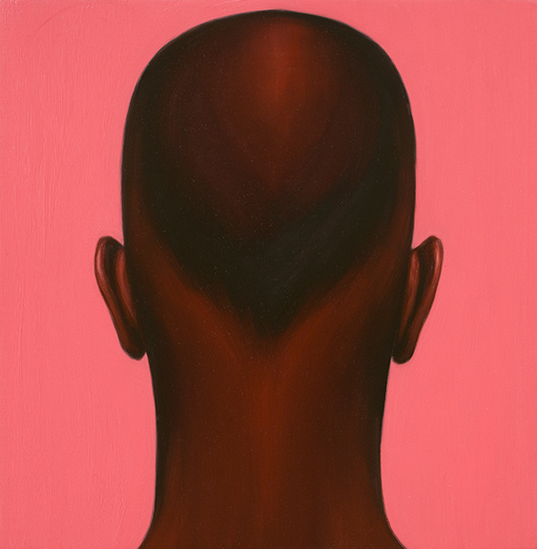 A painting of the back of a person's head. He has a dark complexion with short hair, that appears to be buzzed into a tidy "v" at the bottom. He faces a salmon colored background.