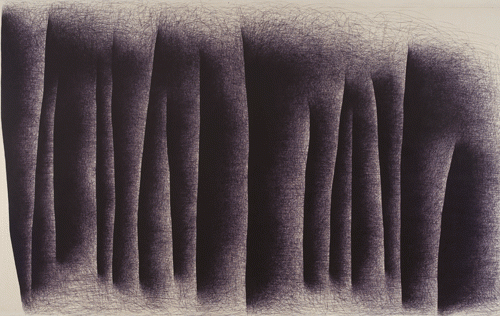 Dark vertical slashes line up side by side. On the right of each dash are dark shadows. Upon closer inspection, the shadows are created from crossing multitudes of tiny blue lines. They are akin to a dense forest of trees without leaves or branches.