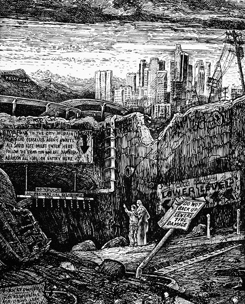 A detailed black and white drawing of a city skyline with smog. Below is a dark entrance to a tunnel with two people standing in front of it with a cliff to the right. Signs and power lines are broken and falling.