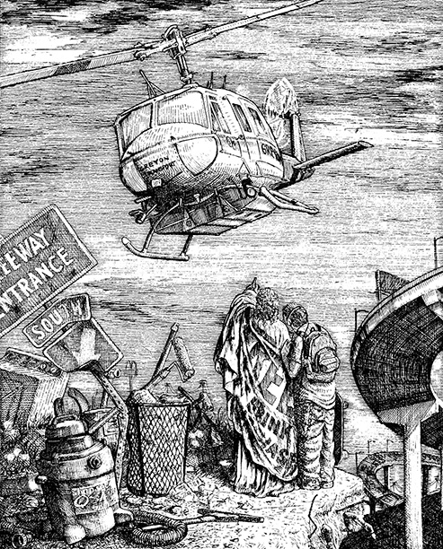 A black and white detailed drawing with a Huey helicopter flying over a freeway entrance sign, piles of trash, and two people standing and looking up. Signs are bent, broken, and tilted.