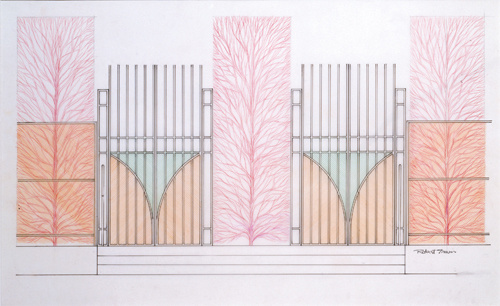A drawing of a fence with two arc-shaped steel gates. They come together to form a v shape on the lower half. Pale green and orange colors fill the arc space. Between the gates on either side are square shaped tall bushes in a light shade of red.
