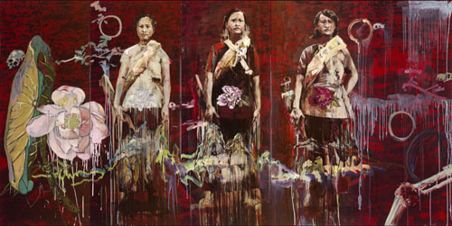 Three women in traditional dress on a red background. Paint drips from their bodies tying them to additional elements of the work including a hilly landscape, large flowers, and skulls. 