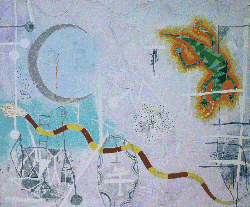 An abstract painting with a moon, snake, and an iguana. They are highlighted and colored in bold against more subtle patterns. The work is primarily white and grey, with white patterns in the foreground and background.