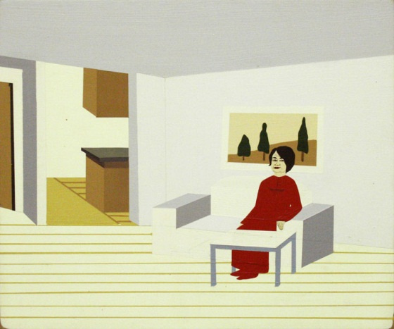 A painting of a woman in a red dress sitting on a white bench in front of a picture of 3 trees. Her arm lays on the arm rest. A white coffee table is in front of her. In the background is another room with a counter and cabinet.