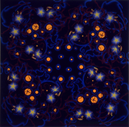 A kaleidoscopic painting of stars, orange circles, and blue interweaving lines. The symmetry of the image is reminiscent of simple childhood toys.