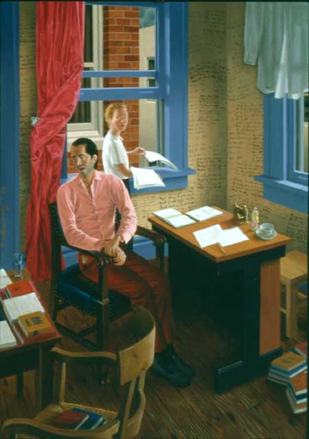 A writer is in his high rise apartment sits at a desk filled with books on the tables and floor. A boy stands behind him holding papers. The writer is in his chair looking away from the boy.