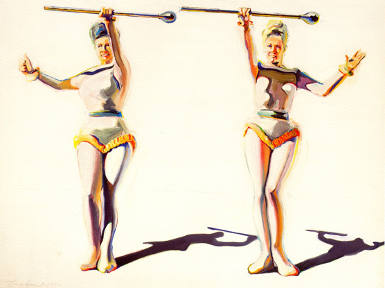 Two women in white leotards with yellow trim hold batons in the air, smiling. Their cast shadows contrast strongly with the pale background. The shadows across the figure’s bodies dance from purple to blue to green.