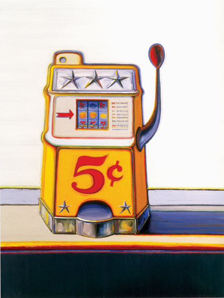 A painting of a yellow slot machine. Along the top of the machine are 3 silver stars and the symbols are based on fruit. The winning line does not have matching fruit. Painted on the belly of the machine is a large 5 with a cent sign. To the right are shadows cast from the machine.