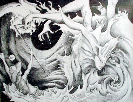 A fantastical pencil drawing of a wave personified as a creature with multiple limbs crashing against a farmer boy who is defending himself with a scythe.