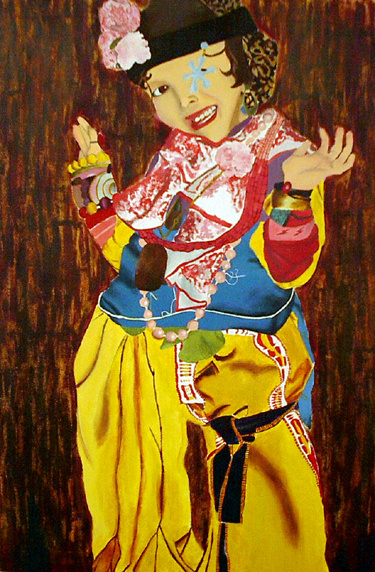 A painting of a young girl posing with arms upraised and smiling. She wears colorful bagging, draping clothing; a headband with a flower; and lots of bulky jewelry.