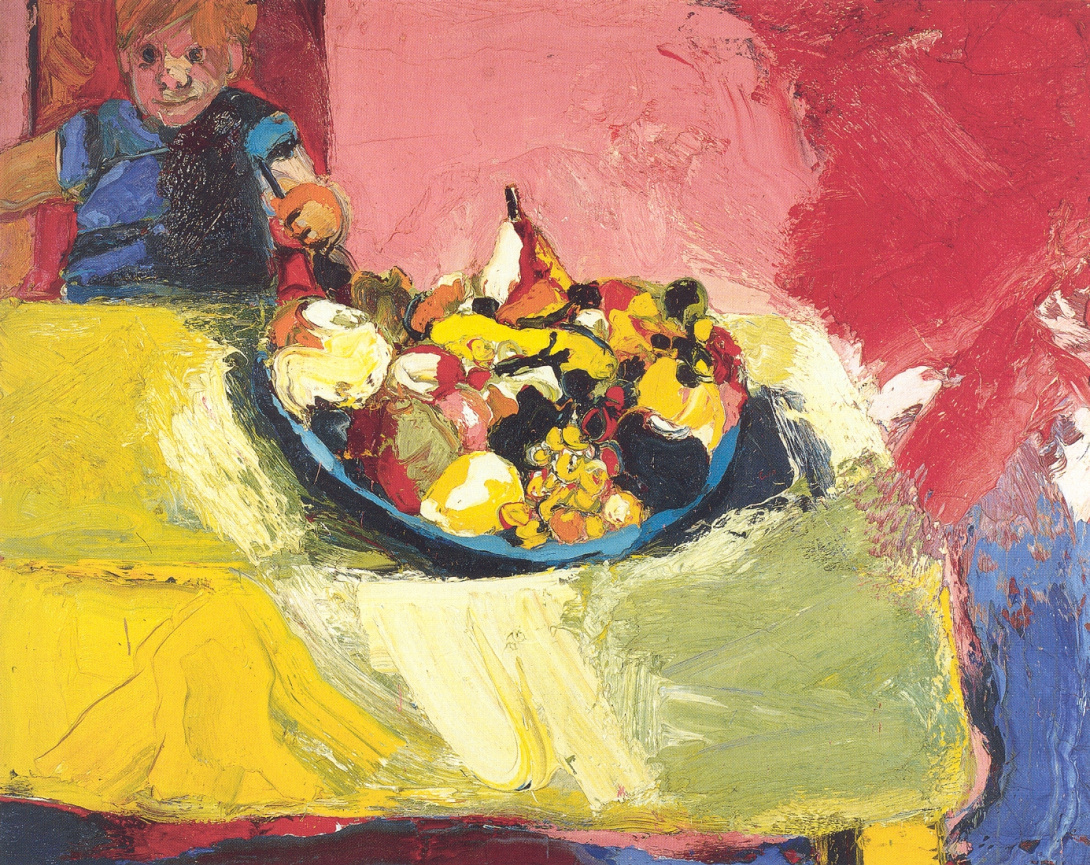 Thick textured primary colors are smeared across a canvas seemingly randomly. Upon longer inspection, the blurred smears take shape into a yellow kitchen table, upon which sits an overflowing fruit bowl. Behind that table is a smiling, brown-eyed child in a blue shirt holding a utensil.