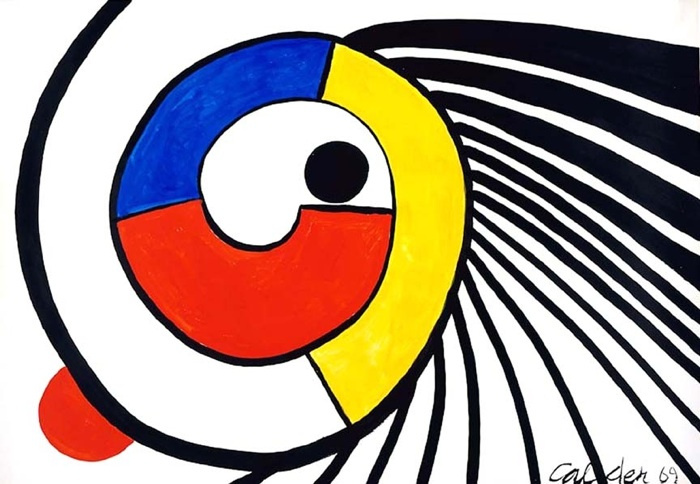 An abstract painting of a bold black circle. Blocks of color surround it, following one another in a circular pattern shooting off the canvas. Surrounding this snail-like shape to the right are curved black lines, like eyelashes. 