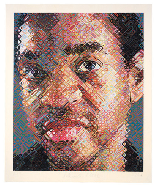A Black man is painted in a stylized way. His portrait is made up of hundreds of small rectangles and squares. Inside each of them is a differnt colored squiggly blob with another color inside of it.