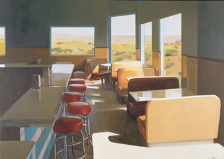 A painting of an empty diner with a counter top on the left side that has red barstools along it. Booth seating lines the opposite wall with windows that reveal a desert and hills with green bushes scattering the landscape. Sunlight casts shadows in the diner.