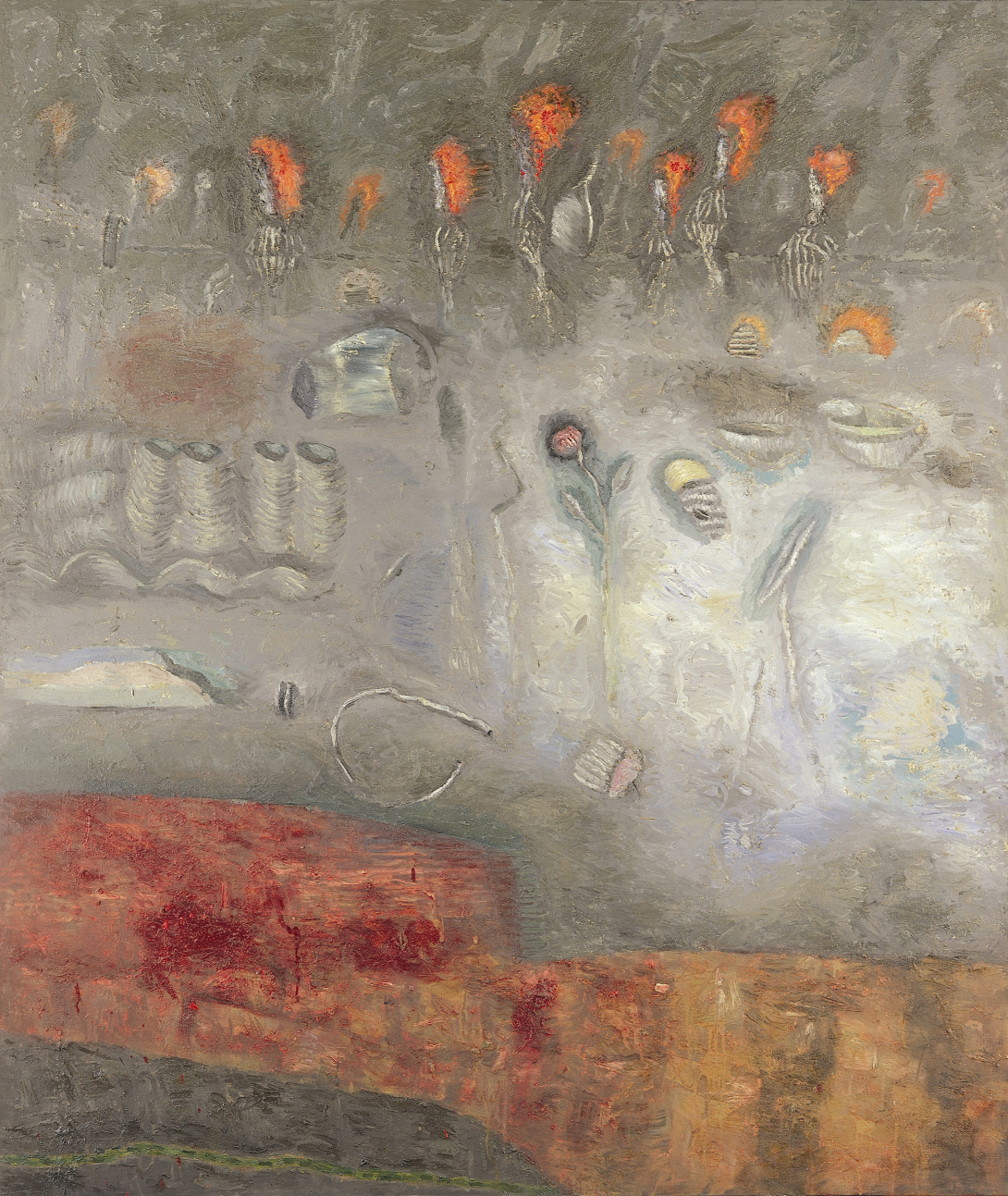 A grey and orange abstract work. The large grey color field has been carefully scraped away to reveal organic shapes and areas of orange which glow through the thick paint.