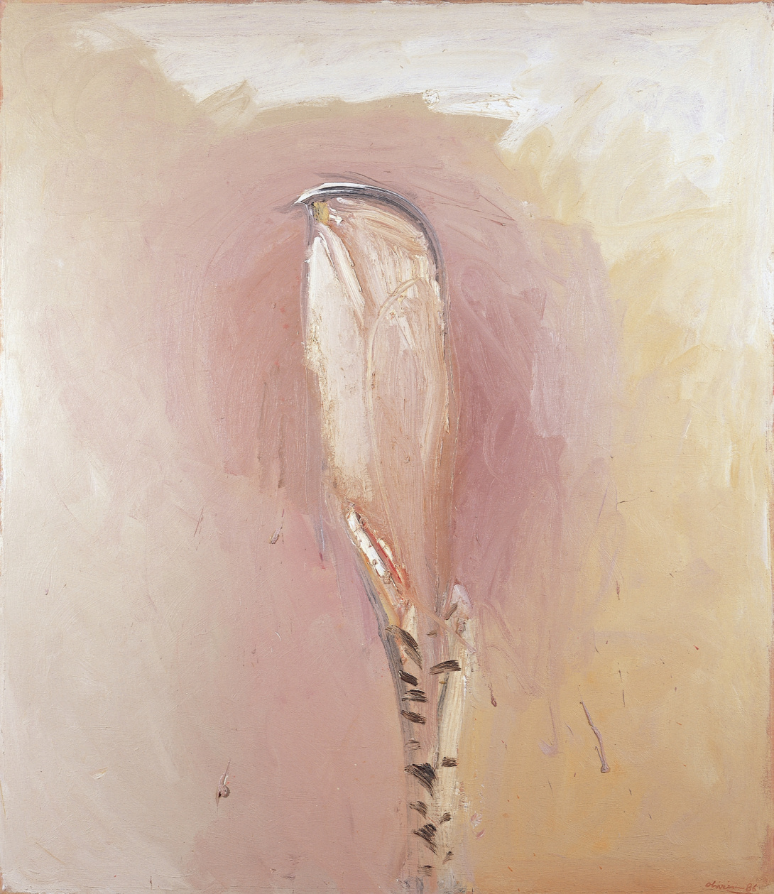 An abstract pink and yellow painting. At the center of the image is a graceful white swoop which comes to a grey and yellow point. A soft pink glow draws your attention back to the central shape until you notice the many layers of paint slowly alluding into a bird.