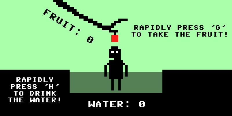 In a video game scene, a robot is partially under water and if forced to decide between drinking water or eating fruit. To choose between the apple or not flooding, one must "rapidly press H for the water" and "G" for fruit.
