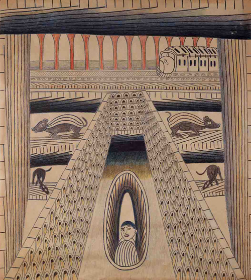 A deep hallway containing four animals and a man. The man and the animals are separated by ornate patterns which make up walls dividing the space. At the far end of the hallway are a row of columns with train tracks below and a train emerging from the right side of the train tracks.
