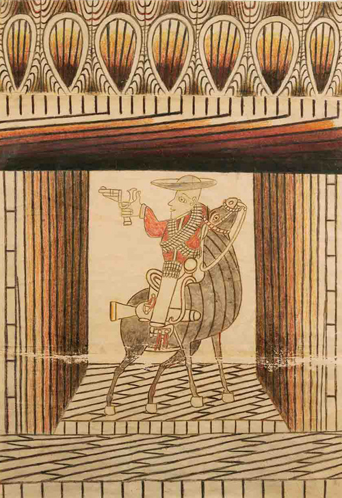 A drawing with muted colors of a man with pistol, sombrero, and bands of bullets rides a horse that is inside an enclosed space decorated with intricate lines. Surrounding them are straight stacked lines, similar to bricks. Above the lines is a different pattern like a peacock feather.