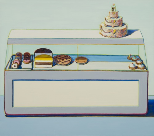 A painting of a display case filled with pastel colored donuts, layered cakes, and pies. Additionally there are  little cupcakes or tartlets topped with frosting and cherries. On top is a tiered wedding cake, decorated with hearts and a small couple. Behind the case is a blank sea foam wall.
